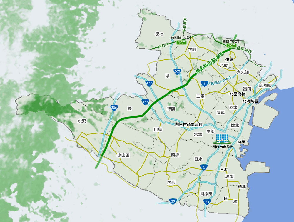 四日市市大気汚染常時監視測定局位置図